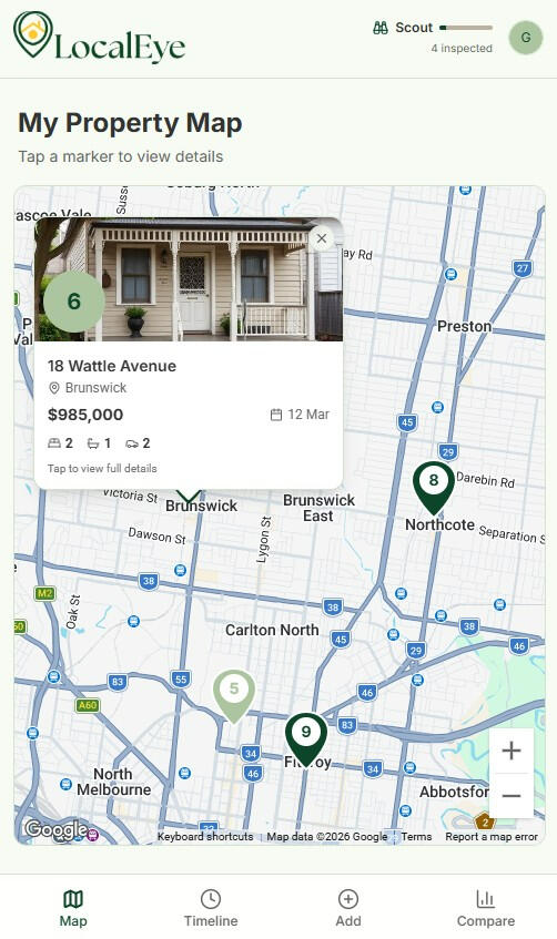 LocalEye Map View Mobile app preview of the LocalEye map view